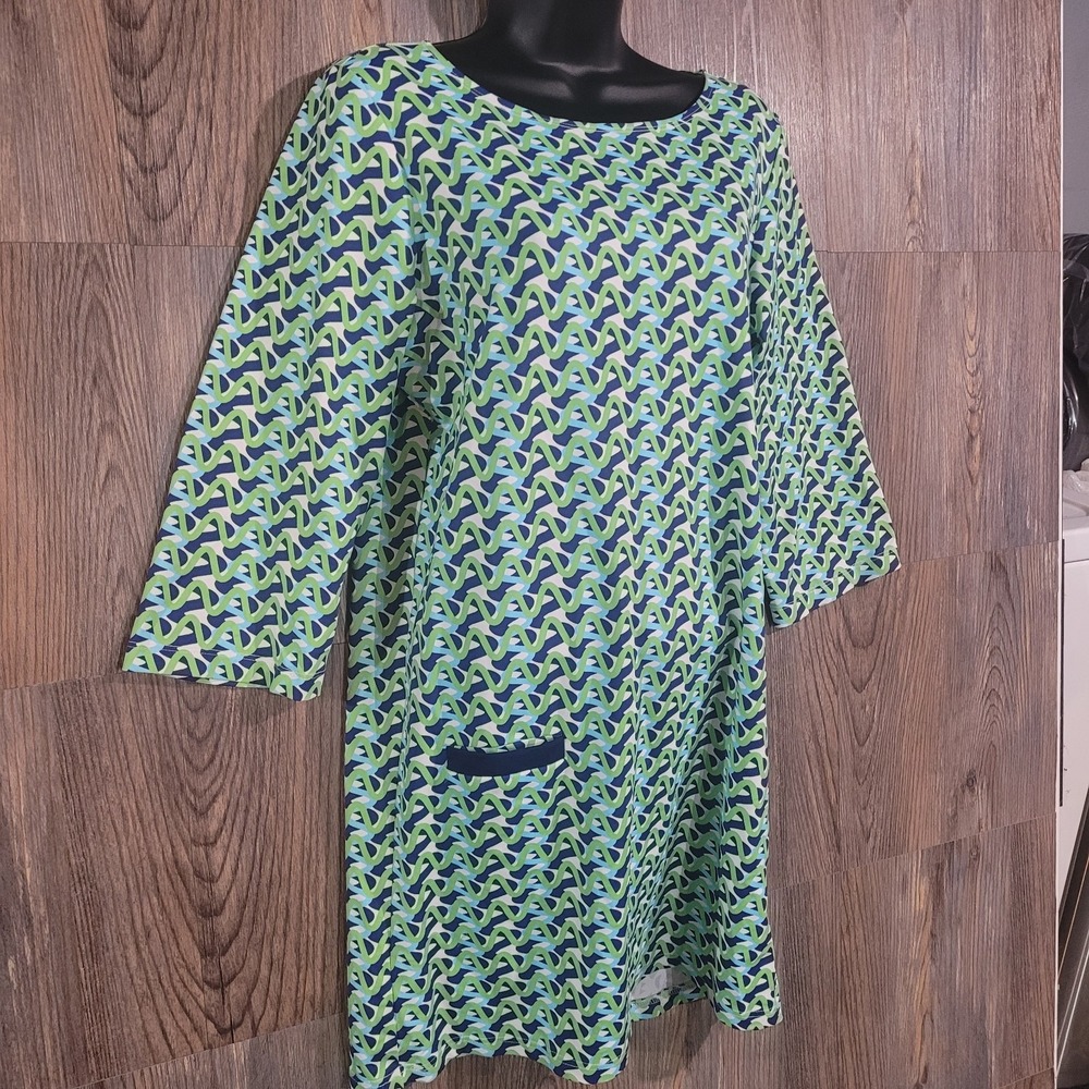Melly M Geometric Resortwear Dress Size Large Green/Blue Cooling Stretch 3/4 Slv - Picture 2 of 9